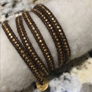 Brown leather gold beaded wrap bracelet chan luu